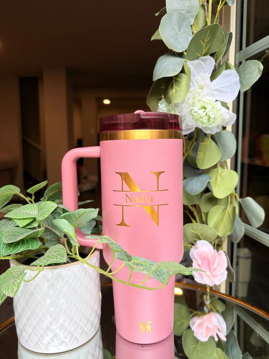 Split monogram with name — Stanley Gilded Flip Straw 40oz · Antique Pink